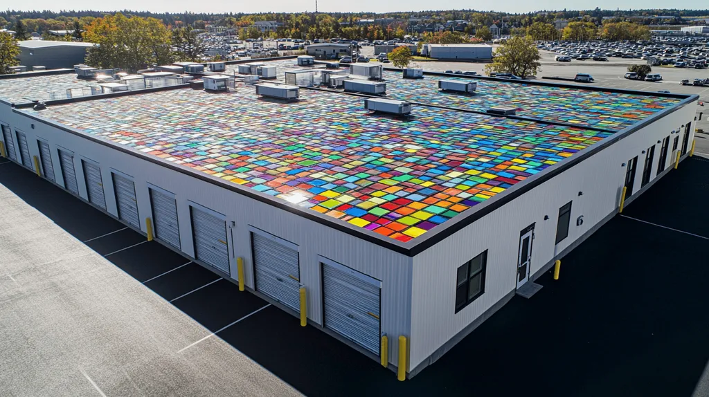 A commercial roof on a storage facility in a location similar to Portland, Maine with a stained glass style aesthetic (AI image)
