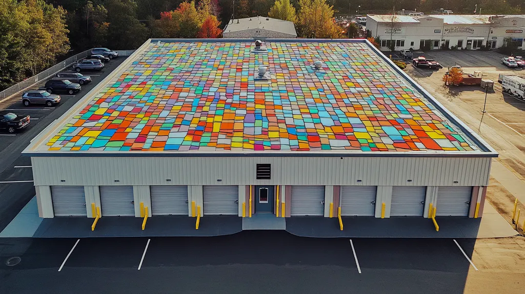 A commercial roof on a storage facility in a location similar to Portland, Maine with a stained glass style aesthetic (AI image)
