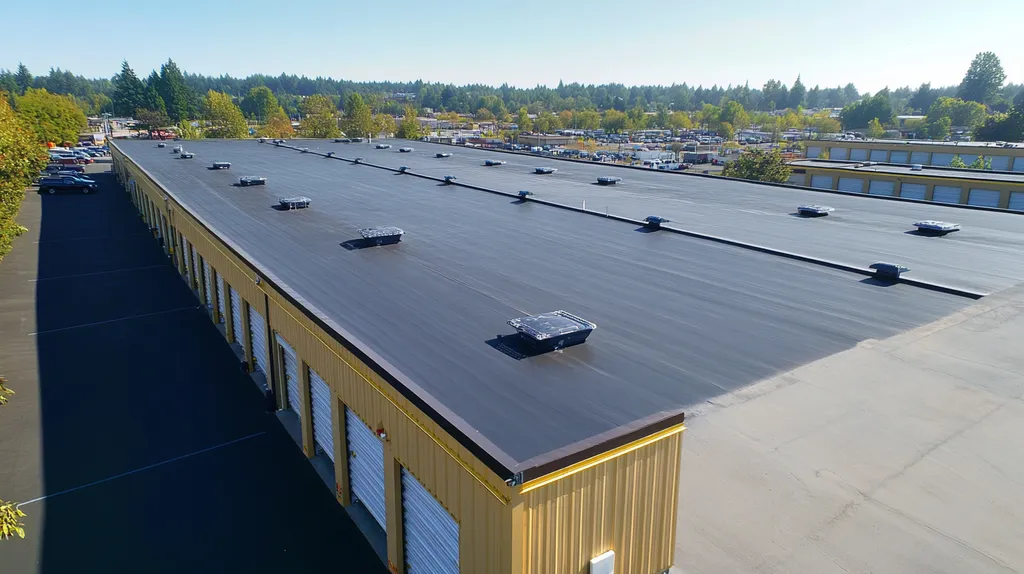 A commercial roof on a storage facility in a location similar to Portland with a solid gold aesthetic (AI image)