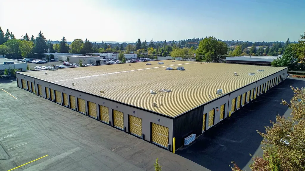 A commercial roof on a storage facility in a location similar to Portland with a solid gold aesthetic (AI image)