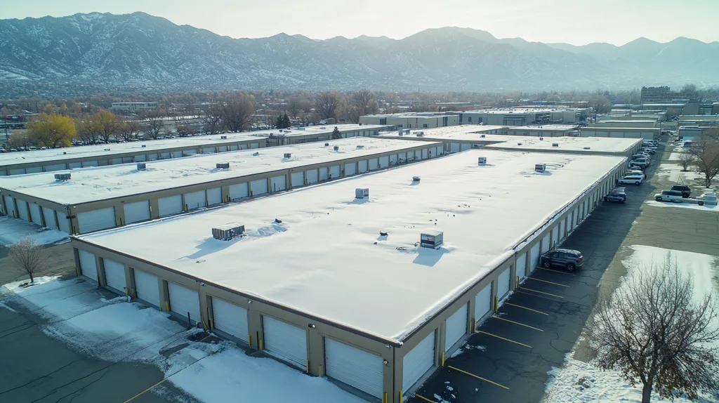 A commercial roof on a storage facility in a location similar to Salt Lake City with a snowy day aesthetic (AI image)