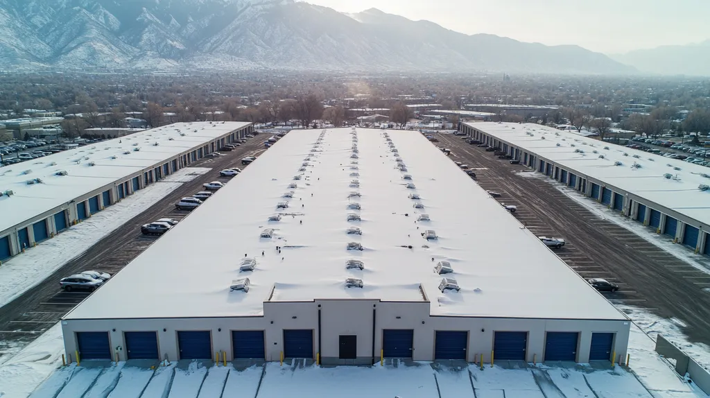 A commercial roof on a storage facility in a location similar to Salt Lake City with a snowy day aesthetic (AI image)