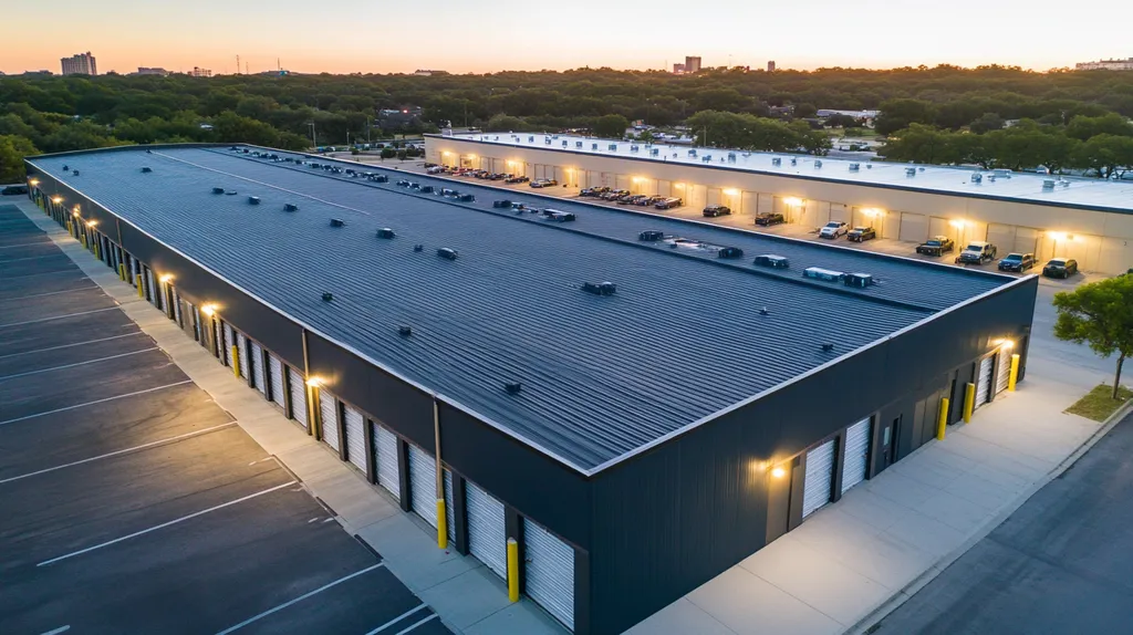 A commercial roof on a storage facility in a location similar to San Antonio with an illuminated nightscape aesthetic (AI image)