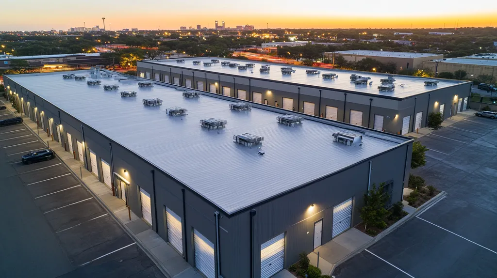 A commercial roof on a storage facility in a location similar to San Antonio with an illuminated nightscape aesthetic (AI image)