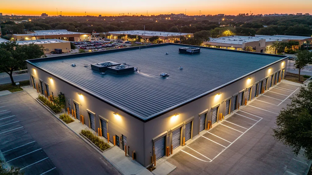 A commercial roof on a storage facility in a location similar to San Antonio with an illuminated nightscape aesthetic (AI image)