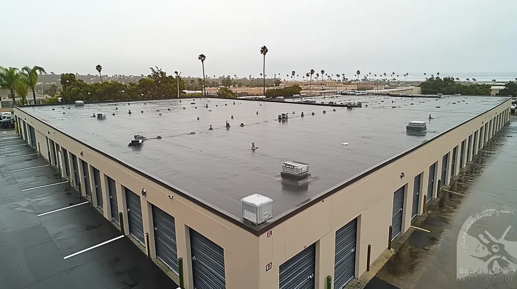 A commercial roof on a storage facility in a location similar to San Diego with a rainy day aesthetic (AI image)