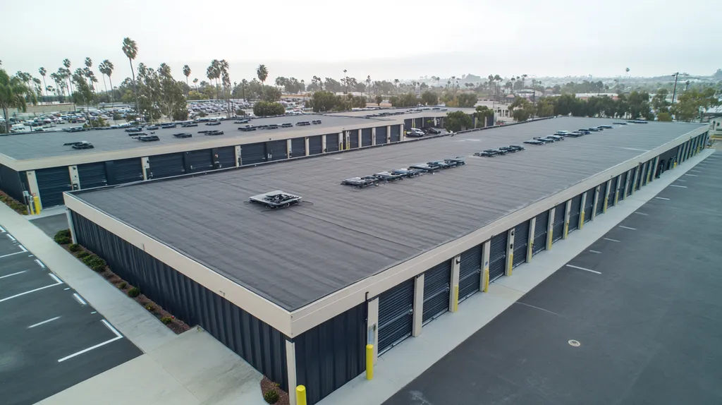 A commercial roof on a storage facility in a location similar to San Diego with a rainy day aesthetic (AI image)