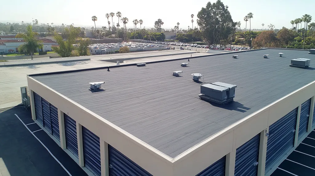 A commercial roof on a storage facility in a location similar to San Diego with a rainy day aesthetic (AI image)