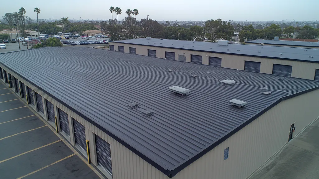 A commercial roof on a storage facility in a location similar to San Diego with a rainy day aesthetic (AI image)