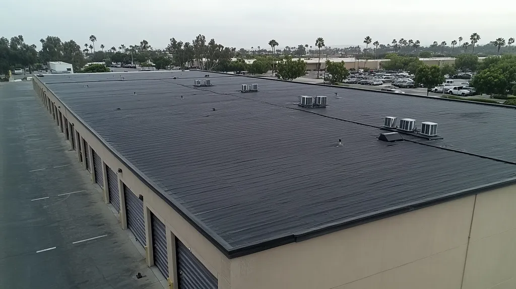 A commercial roof on a storage facility in a location similar to San Diego with a rainy day aesthetic (AI image)