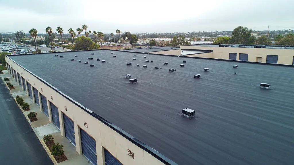 A commercial roof on a storage facility in a location similar to San Diego with a rainy day aesthetic (AI image)
