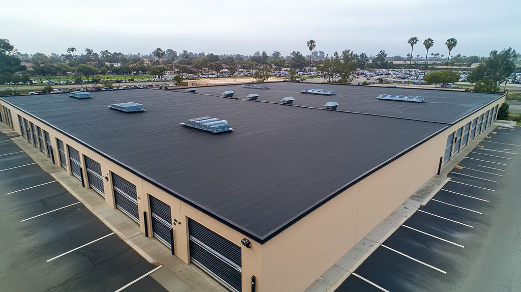 A commercial roof on a storage facility in a location similar to San Diego with a rainy day aesthetic (AI image)