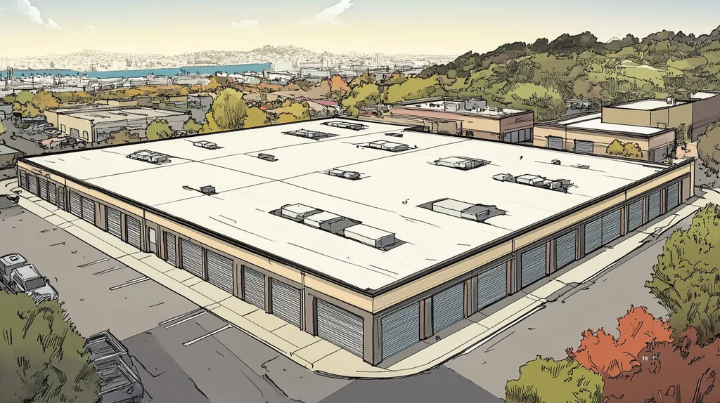 A commercial roof on a storage facility in a location similar to San Francisco with a comic book style aesthetic (AI image)