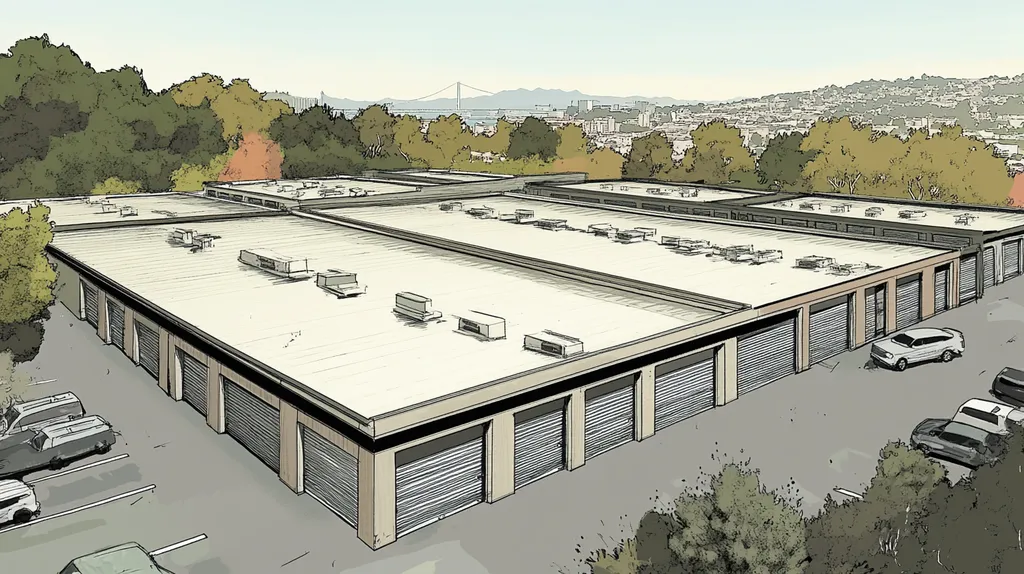 A commercial roof on a storage facility in a location similar to San Francisco with a comic book style aesthetic (AI image)