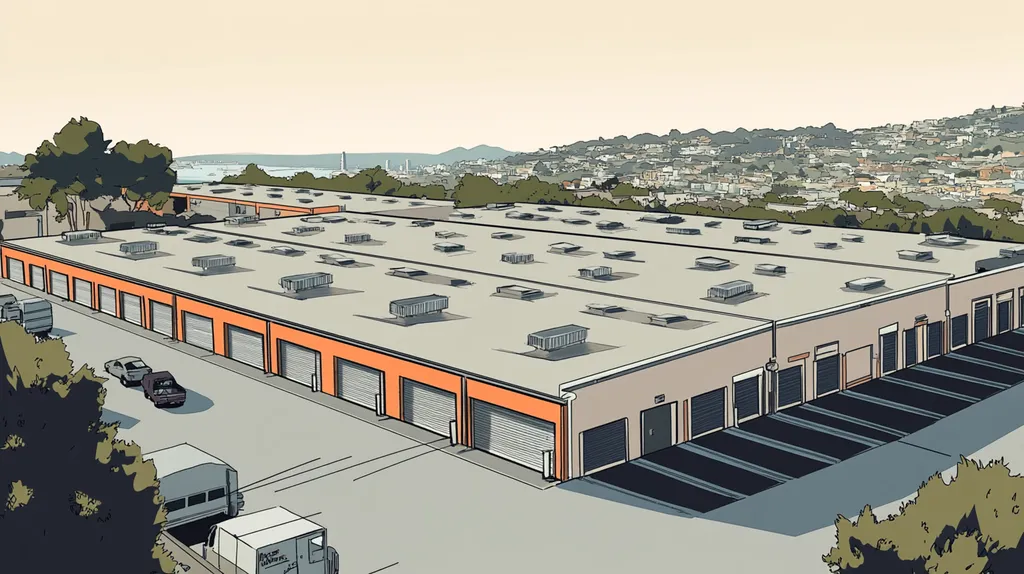 A commercial roof on a storage facility in a location similar to San Francisco with a comic book style aesthetic (AI image)