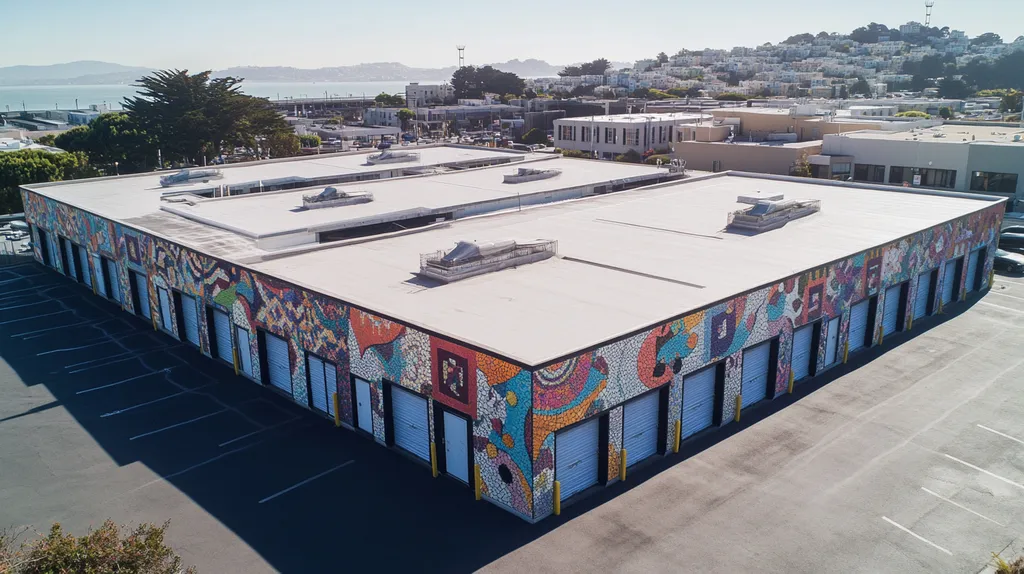 A commercial roof on a storage facility in a location similar to San Francisco with a mosaic tile art aesthetic (AI image)
