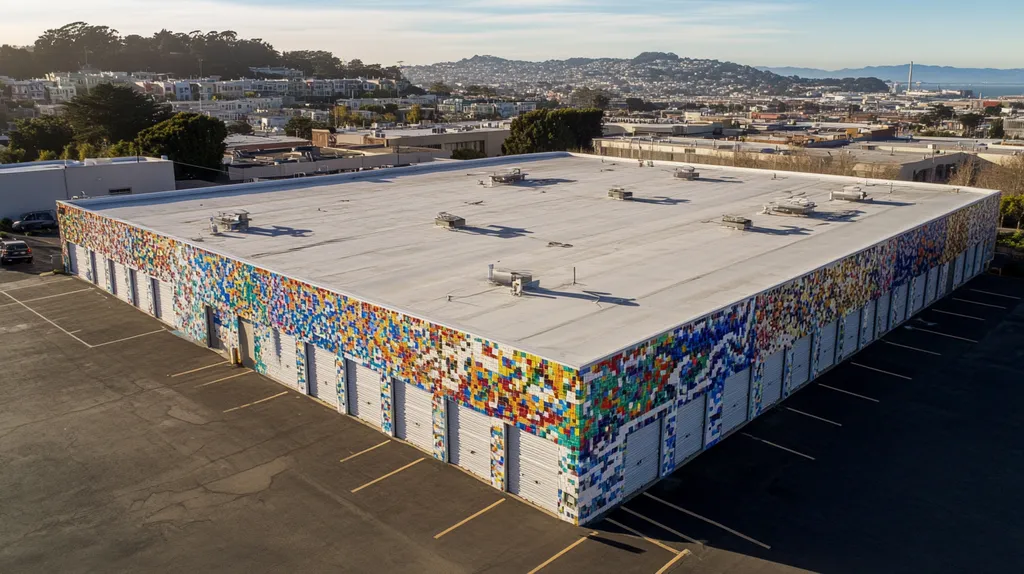 A commercial roof on a storage facility in a location similar to San Francisco with a mosaic tile art aesthetic (AI image)