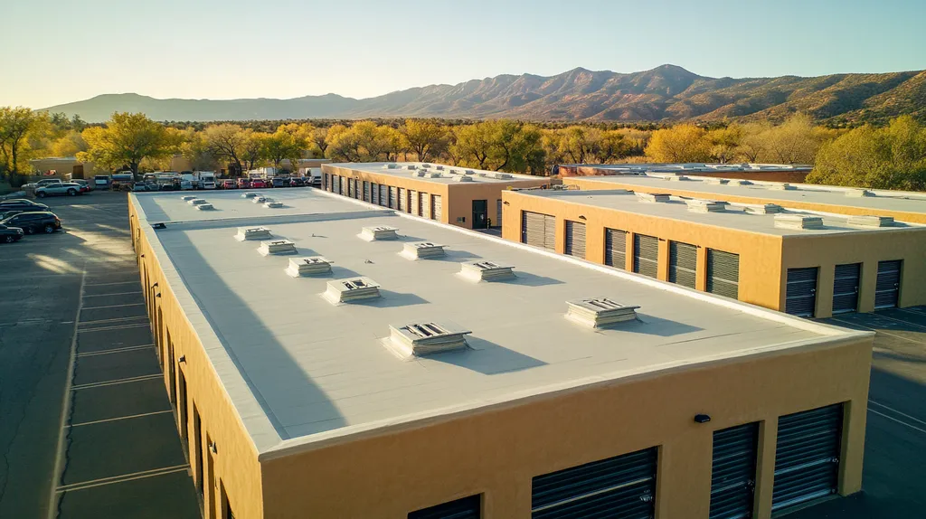 A commercial roof on a storage facility in a location similar to Santa Fe with an architectural photography aesthetic (AI image)