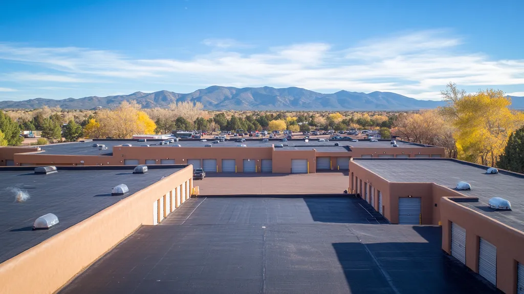 A commercial roof on a storage facility in a location similar to Santa Fe with an architectural photography aesthetic (AI image)