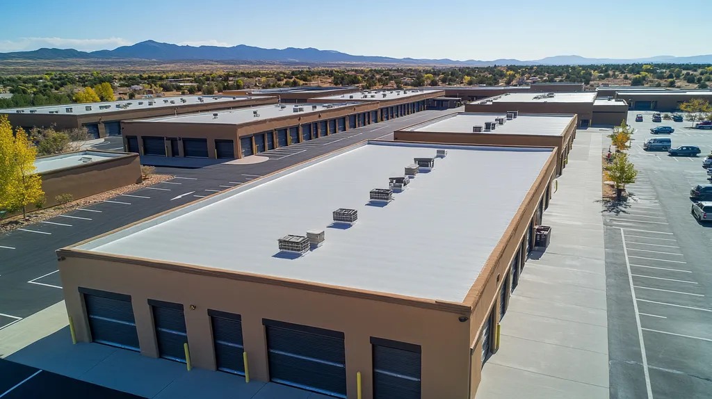A commercial roof on a storage facility in a location similar to Santa Fe with an architectural photography aesthetic (AI image)