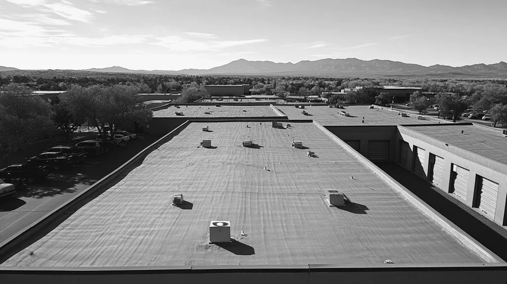 A commercial roof on a storage facility in a location similar to Santa Fe with a black and white photography aesthetic (AI image)