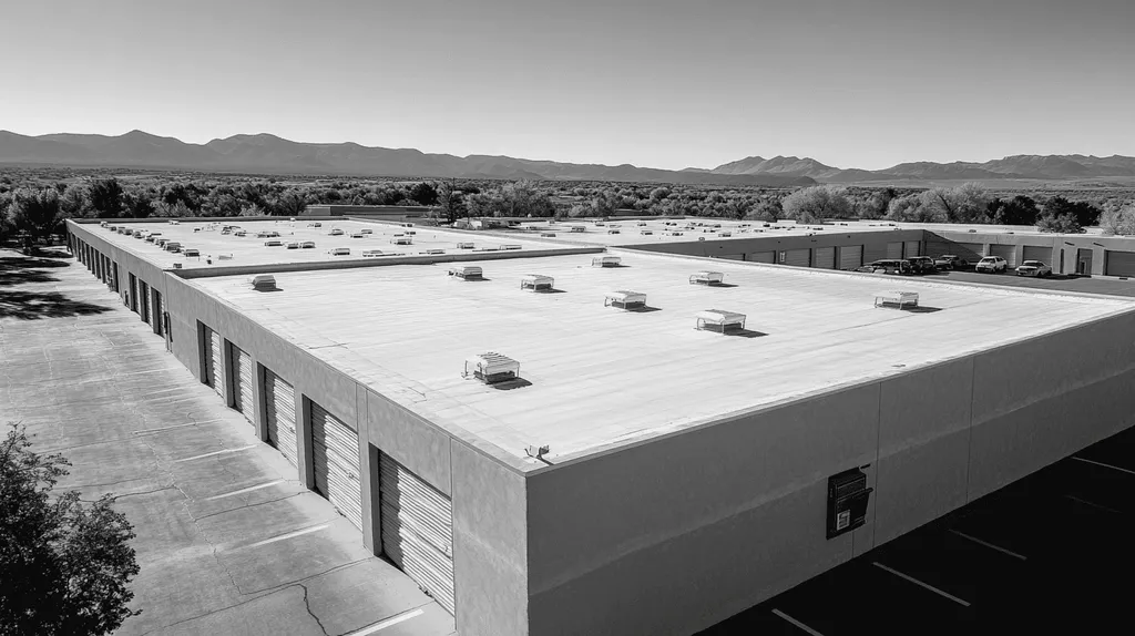 A commercial roof on a storage facility in a location similar to Santa Fe with a black and white photography aesthetic (AI image)