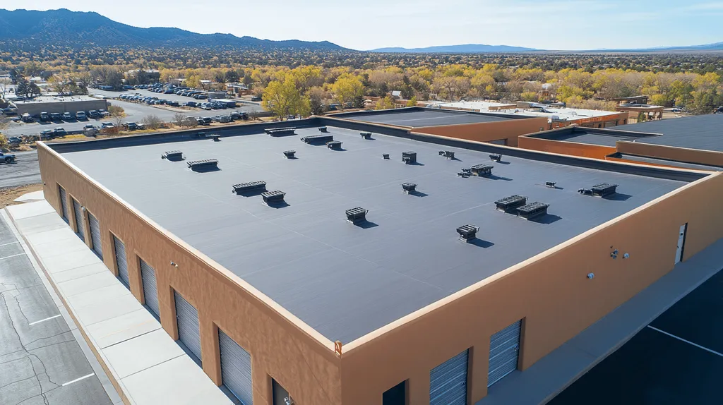 A commercial roof on a storage facility in a location similar to Santa Fe with a futuristic aesthetic (AI image)