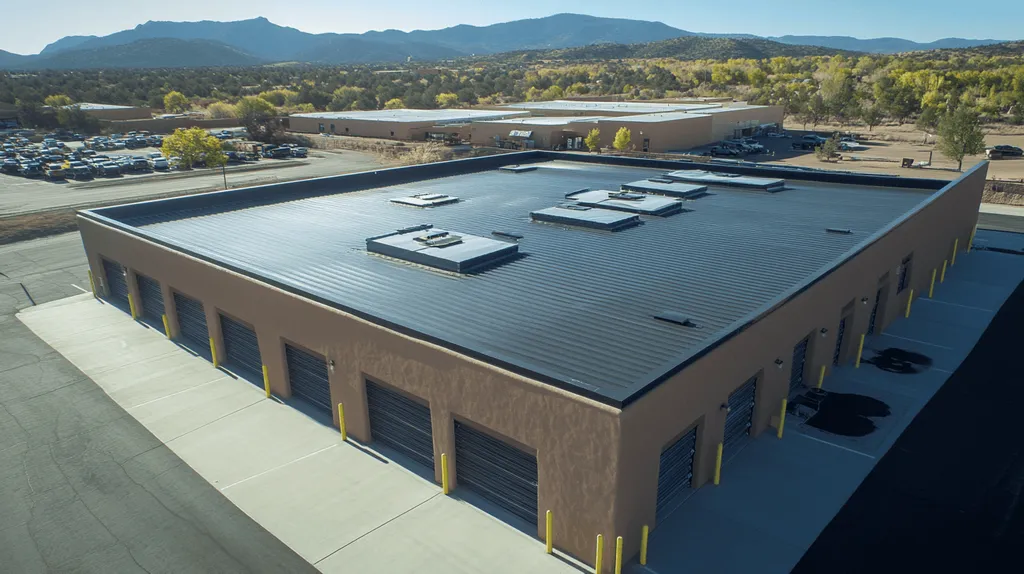 A commercial roof on a storage facility in a location similar to Santa Fe with a futuristic aesthetic (AI image)