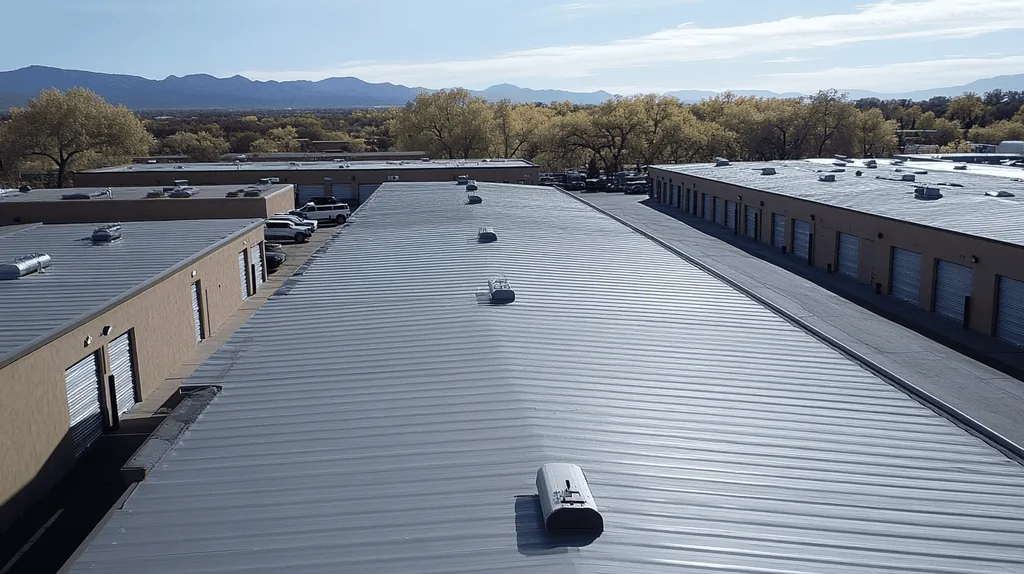 A commercial roof on a storage facility in a location similar to Santa Fe with a futuristic aesthetic (AI image)
