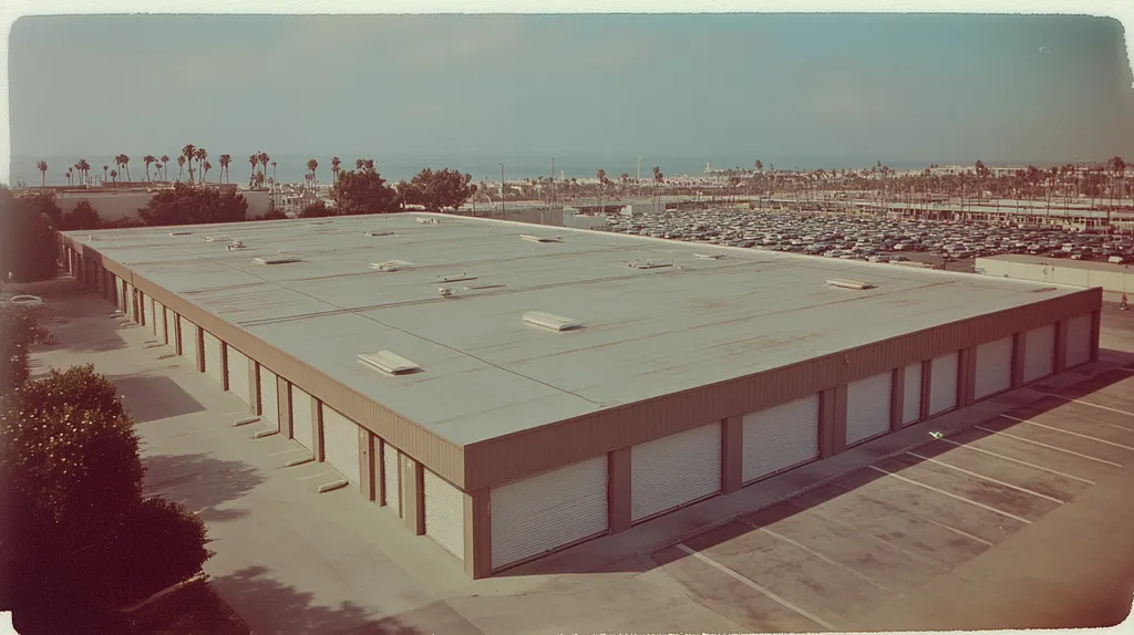 A commercial roof on a storage facility in a location similar to Santa Monica with a Polaroid aesthetic (AI image)