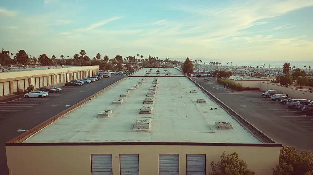 A commercial roof on a storage facility in a location similar to Santa Monica with a Polaroid aesthetic (AI image)