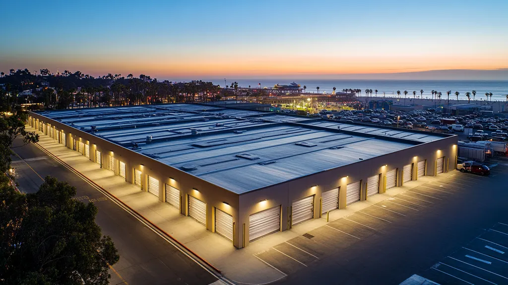 A commercial roof on a storage facility in a location similar to Santa Monica with an illuminated nightscape aesthetic (AI image)