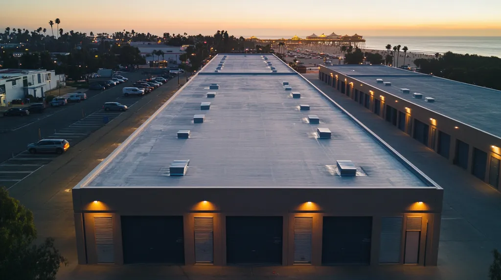 A commercial roof on a storage facility in a location similar to Santa Monica with an illuminated nightscape aesthetic (AI image)