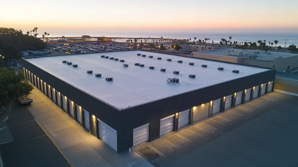 A commercial roof on a storage facility in a location similar to Santa Monica with an illuminated nightscape aesthetic (AI image)