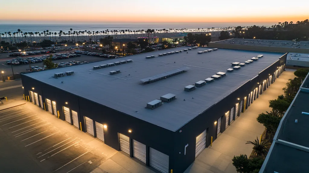 A commercial roof on a storage facility in a location similar to Santa Monica with an illuminated nightscape aesthetic (AI image)