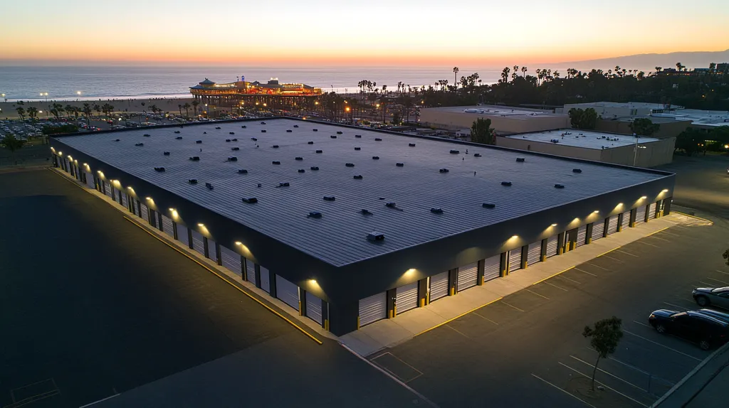 A commercial roof on a storage facility in a location similar to Santa Monica with an illuminated nightscape aesthetic (AI image)