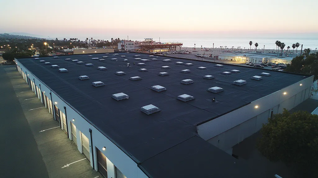 A commercial roof on a storage facility in a location similar to Santa Monica with an illuminated nightscape aesthetic (AI image)