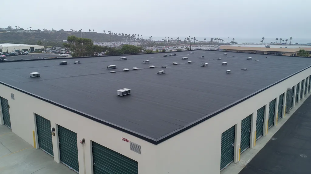 A commercial roof on a storage facility in a location similar to Santa Monica with a rainy day aesthetic (AI image)