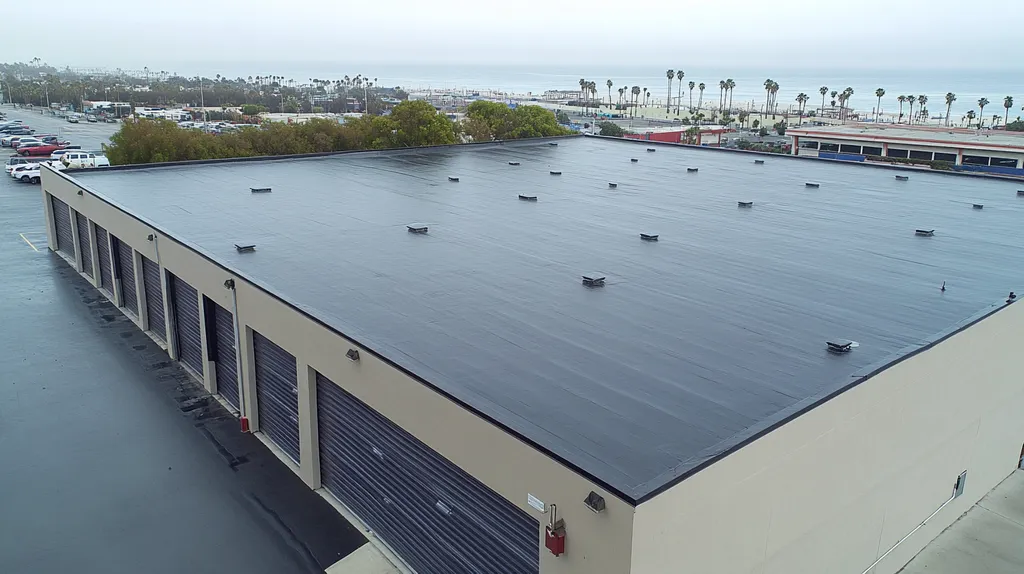 A commercial roof on a storage facility in a location similar to Santa Monica with a rainy day aesthetic (AI image)