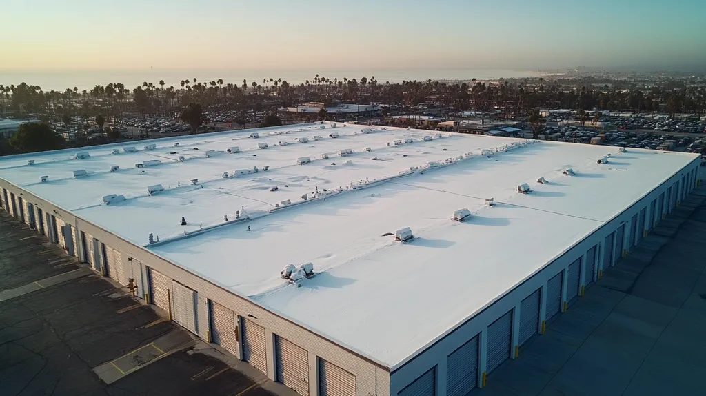 A commercial roof on a storage facility in a location similar to Santa Monica with a snowy day aesthetic (AI image)
