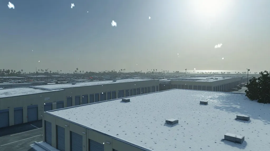 A commercial roof on a storage facility in a location similar to Santa Monica with a snowy day aesthetic (AI image)