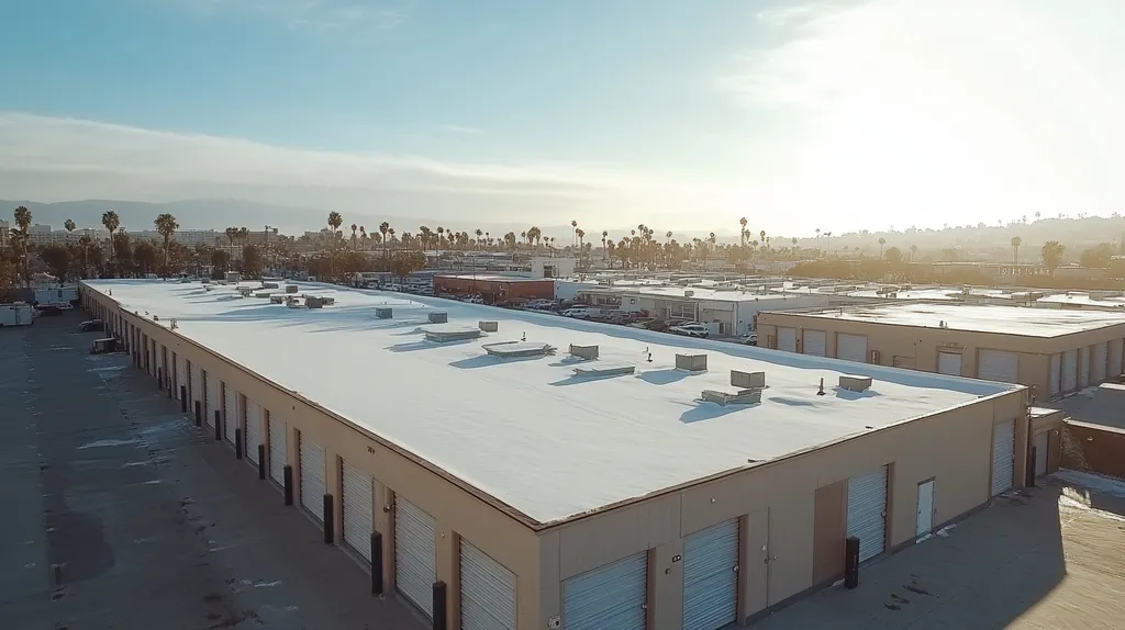 A commercial roof on a storage facility in a location similar to Santa Monica with a snowy day aesthetic (AI image)