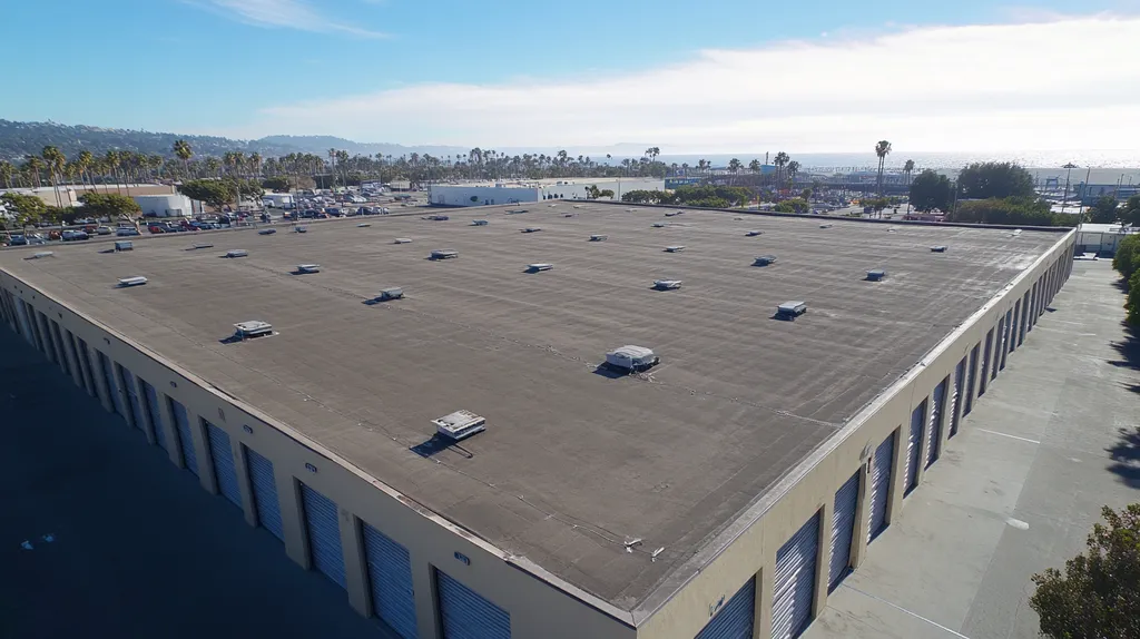 A commercial roof on a storage facility in a location similar to Santa Monica with a snowy day aesthetic (AI image)