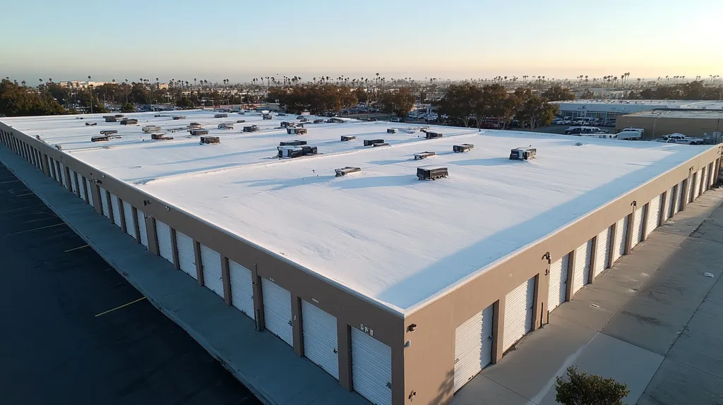 A commercial roof on a storage facility in a location similar to Santa Monica with a snowy day aesthetic (AI image)