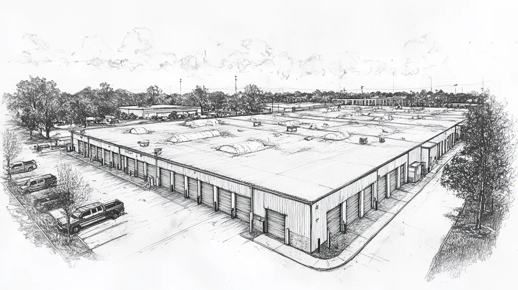 A commercial roof on a storage facility in a location similar to Savannah with a charcoal sketch aesthetic (AI image)