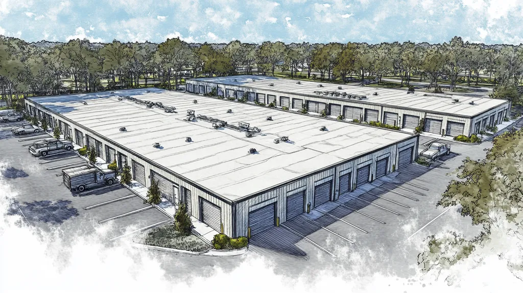A commercial roof on a storage facility in a location similar to Savannah with a charcoal sketch aesthetic (AI image)