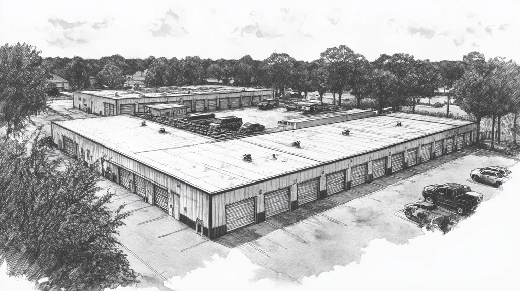 A commercial roof on a storage facility in a location similar to Savannah with a charcoal sketch aesthetic (AI image)