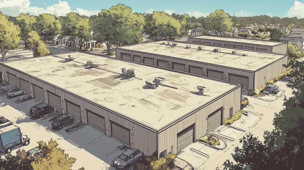 A commercial roof on a storage facility in a location similar to Savannah with a comic book style aesthetic (AI image)