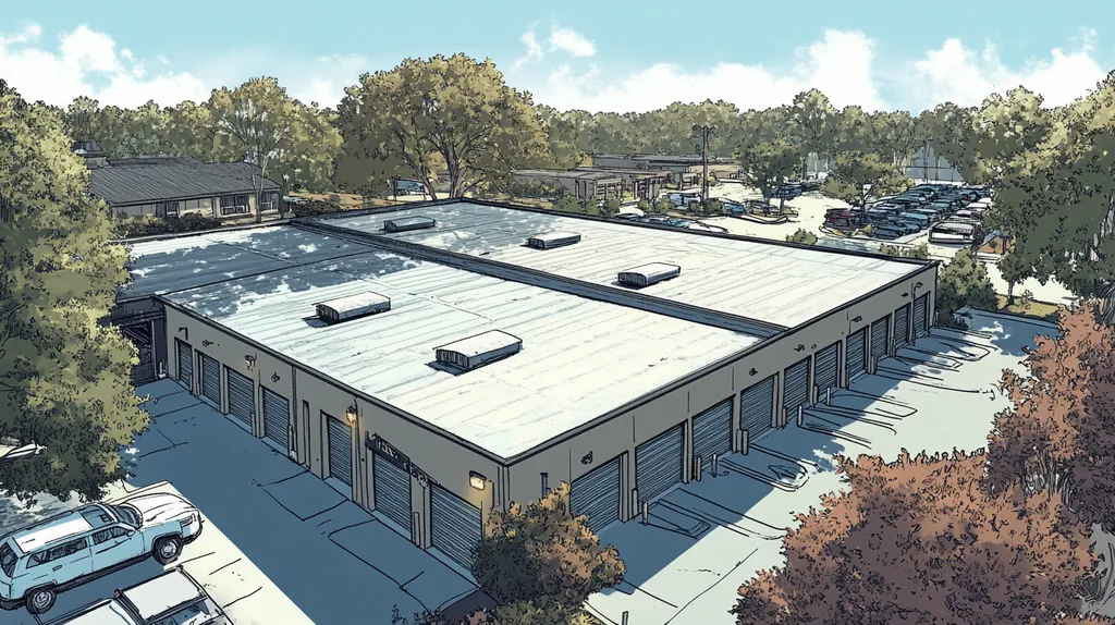 A commercial roof on a storage facility in a location similar to Savannah with a comic book style aesthetic (AI image)