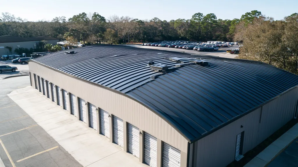 A commercial roof on a storage facility in a location similar to Savannah with a futuristic aesthetic (AI image)
